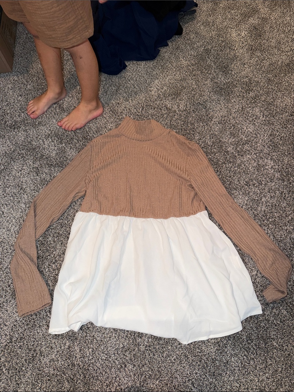 Maternity Two-Tone Mock Neck - Beige and White